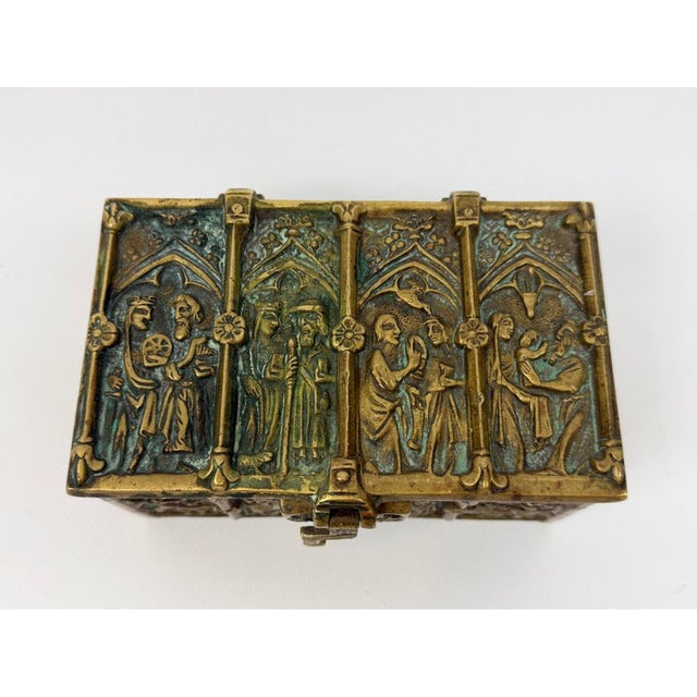 Metal Antique Gothic Revival Bronze Jewelry Box with Religious Scenes, 1890s For Sale - Image 7 of 12