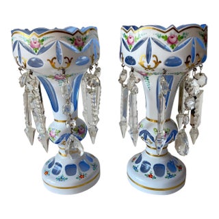 Antique Moser Glass Lusters: Bohemian Glass, White Cut-to-Blue, Hand-Painted For Sale