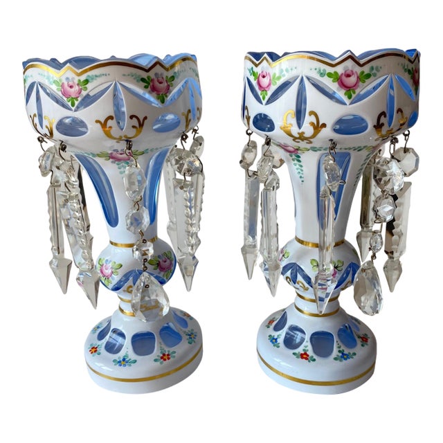 Antique Moser Glass Lusters: Bohemian Glass, White Cut-to-Blue, Hand-Painted For Sale