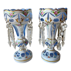 Antique Moser Glass Lusters: Bohemian Glass, White Cut-to-Blue, Hand-Painted