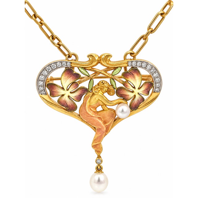 Gold 1980s Masriera Art Nouveau 18ct Gold Plique-À-Jour Pendant Necklace For Sale - Image 8 of 8