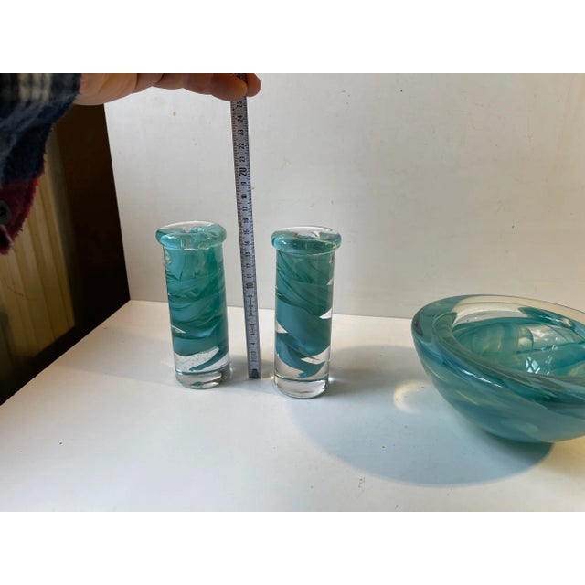 Swedish Blue Atoll Art Glass Bowl & Candlesticks by Anna Ehrner for Kosta Boda, 1980s, Set of 3 For Sale - Image 7 of 9