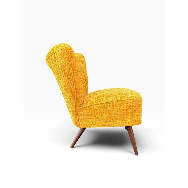 Pair of Danish Modern Cocktail Chairs | Curved Winged Backs in Golden Mustard Tweed | Tapered Wood Legs | C. 1950s For Sale - Image 11 of 15