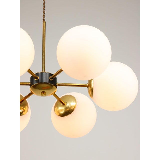 Mid-Century Modern Vintage Italian Six-Arm Sputnik Chandelier with Opaline Shades For Sale - Image 3 of 18