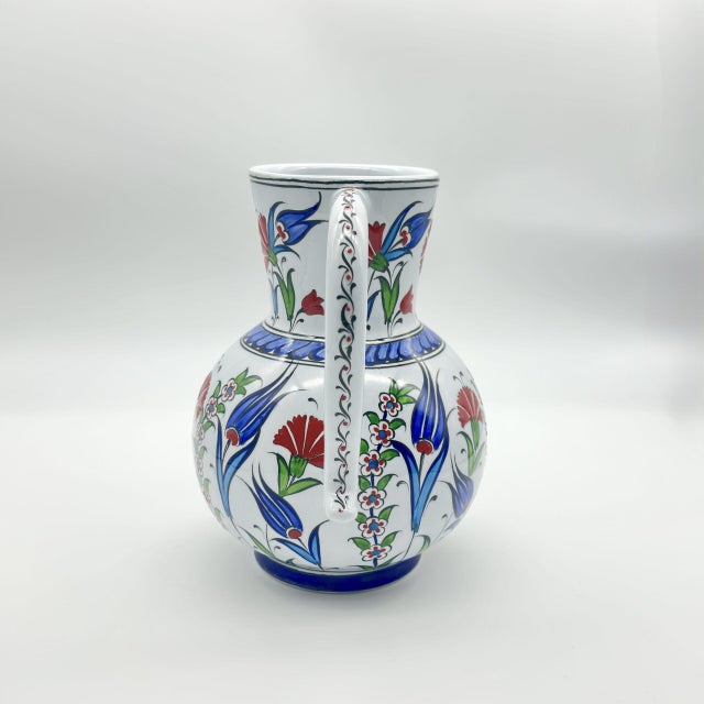 Handmade Ceramic Pitcher Vase (20cm) Classic Red Carnation and Blue Tulip For Sale - Image 4 of 12