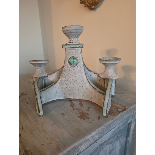 Mid Century Stoneware and Turquoise Candelabra For Sale - Image 11 of 13