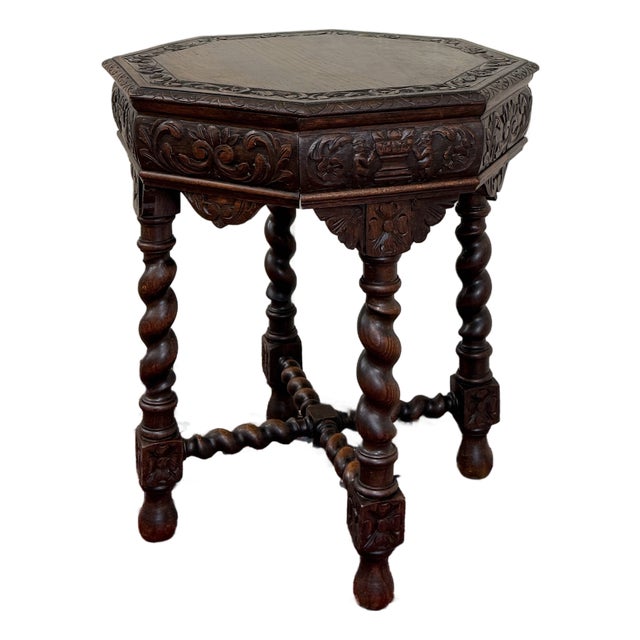 Antique French Octagonal Table Renaissance Revival Carved Barley Twist Oak 19thC For Sale