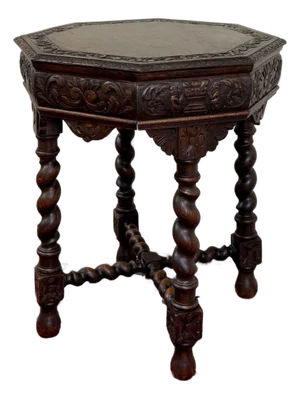 Antique French Octagonal Table Renaissance Revival Carved Barley Twist Oak 19thC