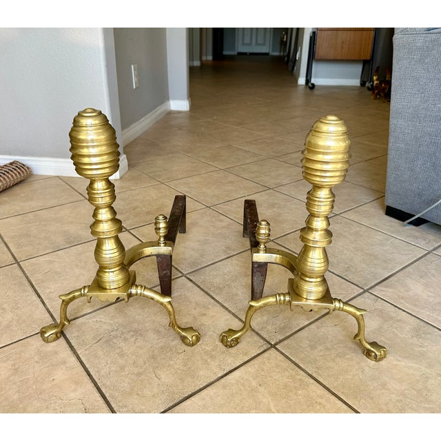 Pair Large Federal Beehive Ball Claw Brass Andirons For Sale In Palm Springs - Image 6 of 18