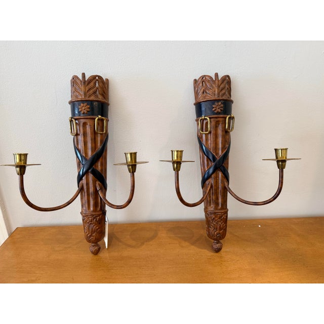 Maitland - Smith Pair of Signed Maitland Smith Equestrian Metal 2 Arm Wall Candle Sconces For Sale - Image 4 of 7
