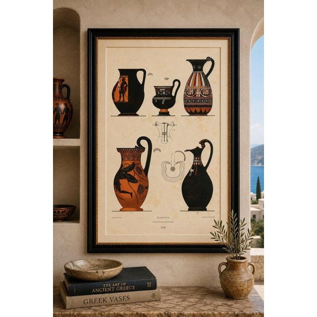 Antique Greek Jugs with Winged Figure Color Lithograph, 1883 Original antique color lithograph depicting a varied...