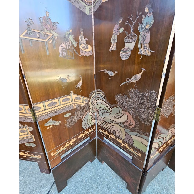 Mid 20th Century Six-Panel Double Sided Coromandel Asian Screen on Stand For Sale - Image 5 of 12