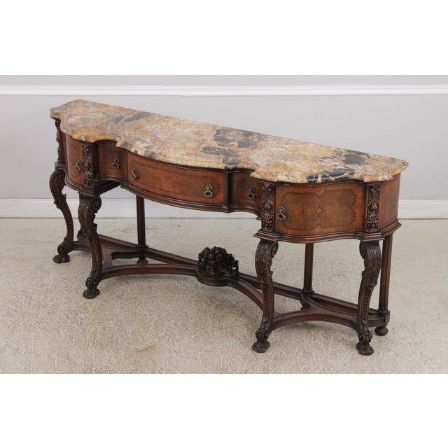 Age: c1930s Details: Stunning Marble Top Carved Stretcher Base Fine Carved Details High Quality Construction Nice Inlay...