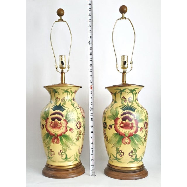 Late 20th Century Lamp Pair Yellow Flowers Floral For Sale - Image 5 of 12