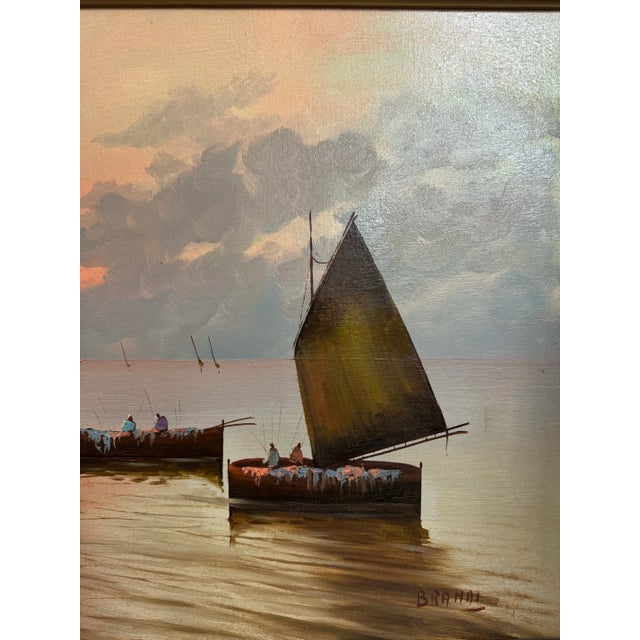 Brandi, Rosario, Ships at Dusk, Large Mid Century Italian Seascape Painting For Sale - Image 9 of 12