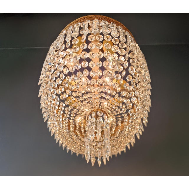 Antique Oval Flush Mount Chandelier Brass Crystal Ceiling Light Restored Gold For Sale - Image 6 of 10