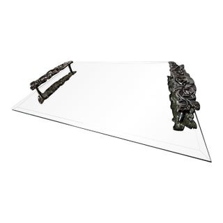 Vintage Vanity Tray Features a Beveled Mirror Surface With Detailed Floral Rose Trim on the Handles For Sale