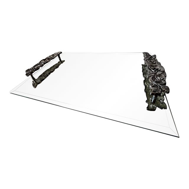 Vintage Vanity Tray Features a Beveled Mirror Surface With Detailed Floral Rose Trim on the Handles For Sale