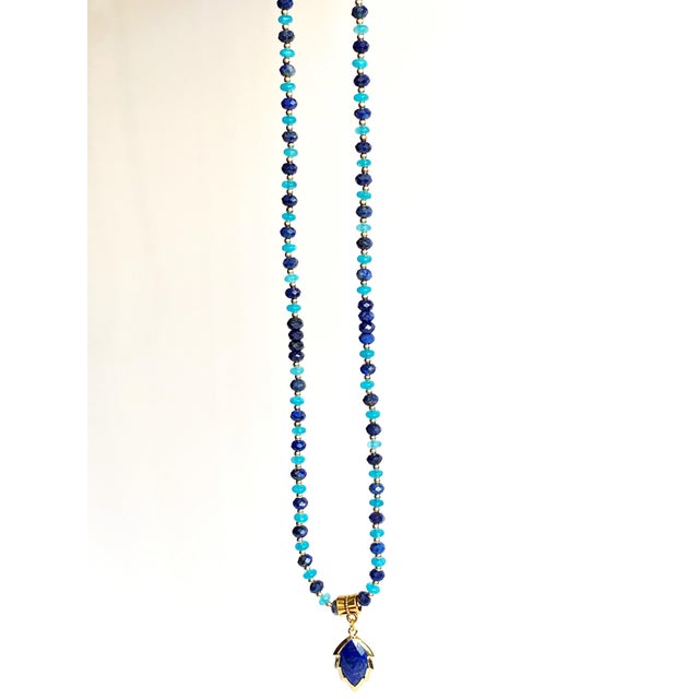 Artisan Handcrafted Lapis Lazuli Pendant Necklace in Blue Chalcedony and Golden Hematite For Sale - Image 14 of 15