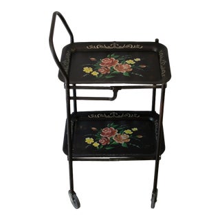 1940s Tole Floral Hand Painted Rolling Bar Cart With Removable Trays For Sale