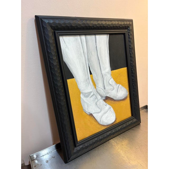 Mid-Century Modern White/Gold/Black 1970s Boots Oil Painting For Sale - Image 3 of 3