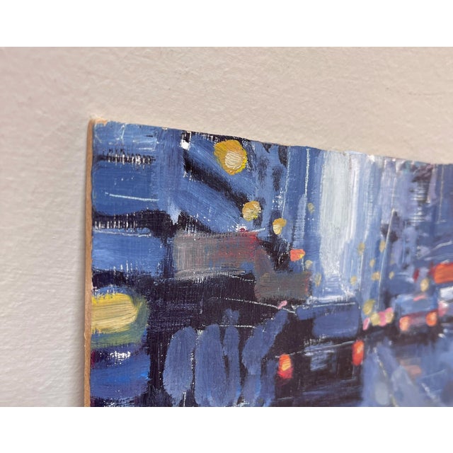 This oil on panel work captures a bustling urban roadway, where the interplay of light and shadow creates a dynamic...