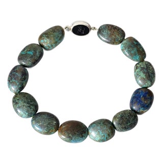 Vintage Arizona Chrysocolla Statement Necklace, Large Natural Gemstone Beads, Sterling Silver Karl Lagerfeld Clasp, Boho Jewelry For Sale