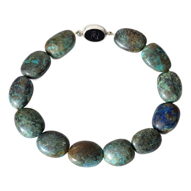 Vintage Arizona Chrysocolla Statement Necklace, Large Natural Gemstone Beads, Sterling Silver Karl Lagerfeld Clasp, Boho Jewelry For Sale