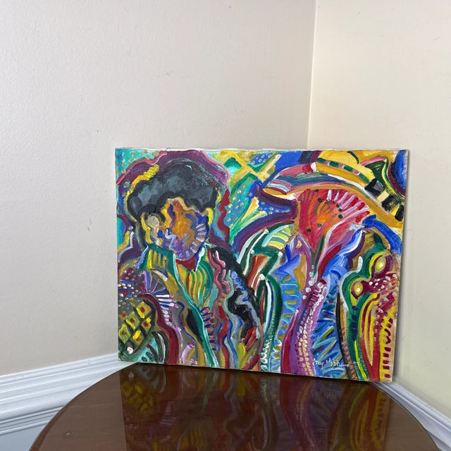 Textile 1970s Vintage Bold Colorful Expressionist Abstract Figurative Painting on Canvas For Sale - Image 7 of 10