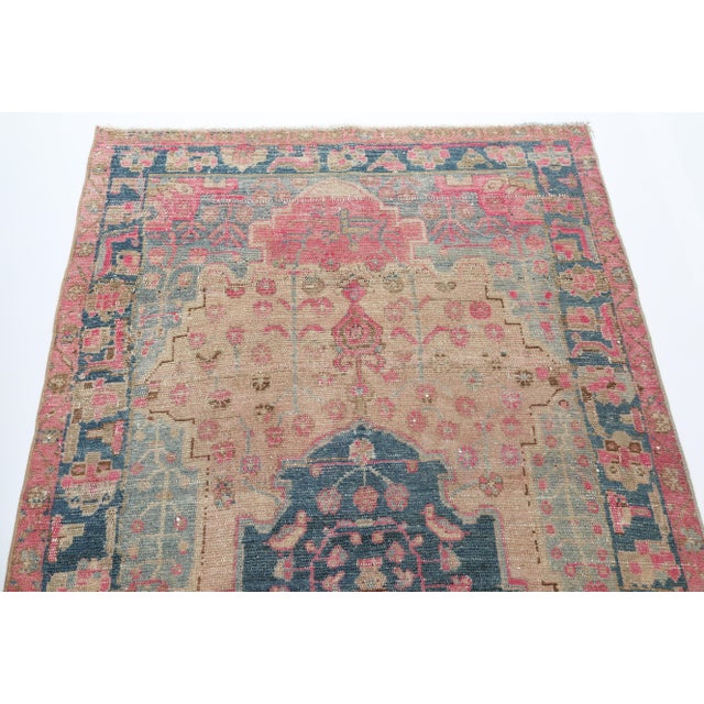 Navy Blue Vintage Wool on Cotton Tribal Area Rug – HandMade All Around Design in Soft Rose & Blue Tones -3' 7'' X 7' 4'' For Sale - Image 8 of 12