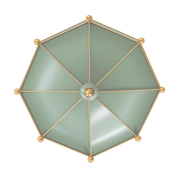 Vintage Tole Umbrella-Shaped Metal Chandelier — Sage Green and Gold Leaf For Sale - Image 4 of 12
