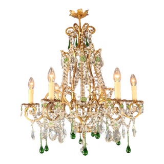 1940s Italian Rococo Revival Crystal Chandelier With Emerald Green Drops 6 Lights For Sale