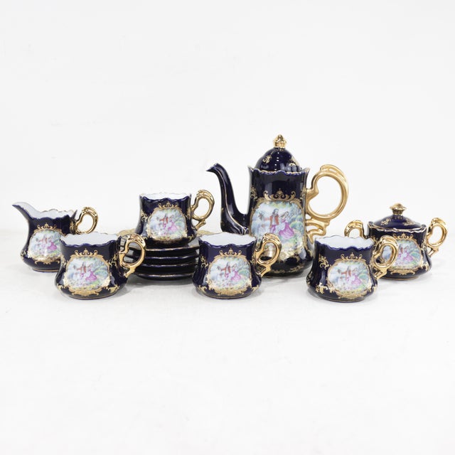 Vintage Cobalt Blue & Gold Porcelain Tea Set – Romantic Courting Scene For Sale In New York - Image 6 of 12
