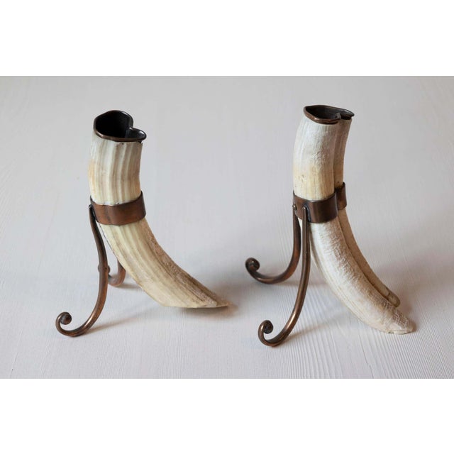 Rustic Pair of 19th Century Game Animal Horns Mounted on Scrolling Metal Stands For Sale - Image 4 of 7