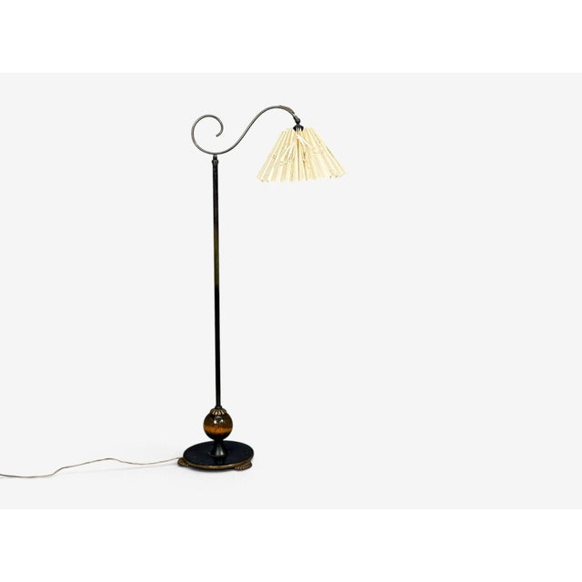 1950s Mid-Century Modern Floor Lamp, Patinated Brass, Wood, Fabric For Sale - Image 4 of 12