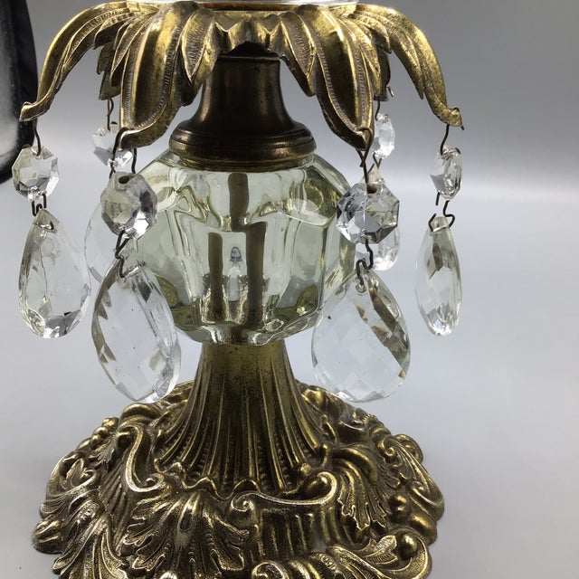 Vintage Brass and Crystal L&l WMC Hurricane Candle Holder With Hanging Crystal Prisms For Sale - Image 9 of 12