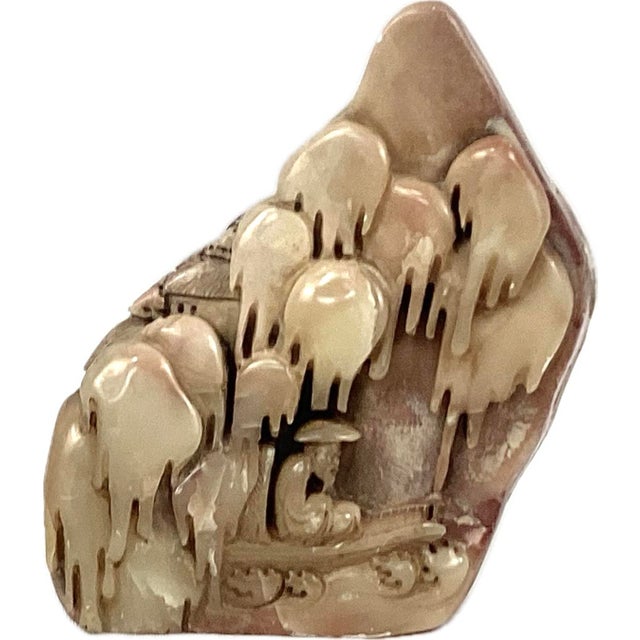 Chinese Chinese Soapstone Carving of Mountainside, Village and Sitting Man For Sale - Image 3 of 9