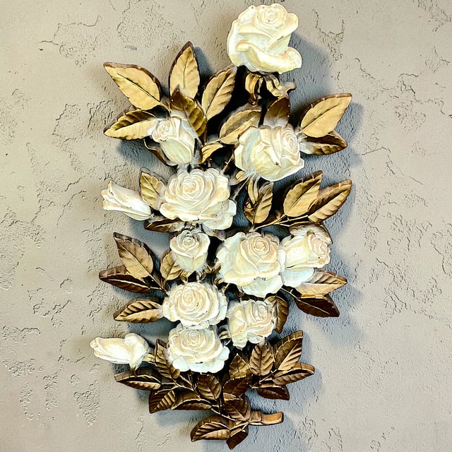 1970s Vintage Mid 20th Century Cream Roses and Gold Leaves Wall Hanging Decor by Homco #7286 For Sale - Image 5 of 11