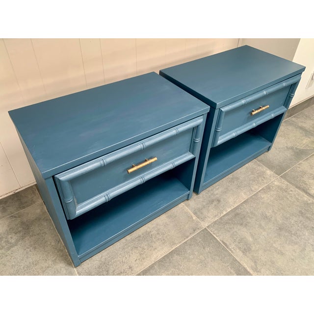 Vintage Blue Faux Bamboo Wooden Nightstands - A Pair For Sale - Image 4 of 9
