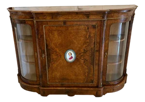 Antique Victorian Inlaid Burr Walnut and Porcelain Mounted Credenza, 1860