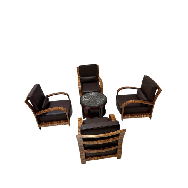 Wood Vintage French Art Deco Lounge Chairs with Leather Cushions, 1930s, Set of 4 For Sale - Image 7 of 11