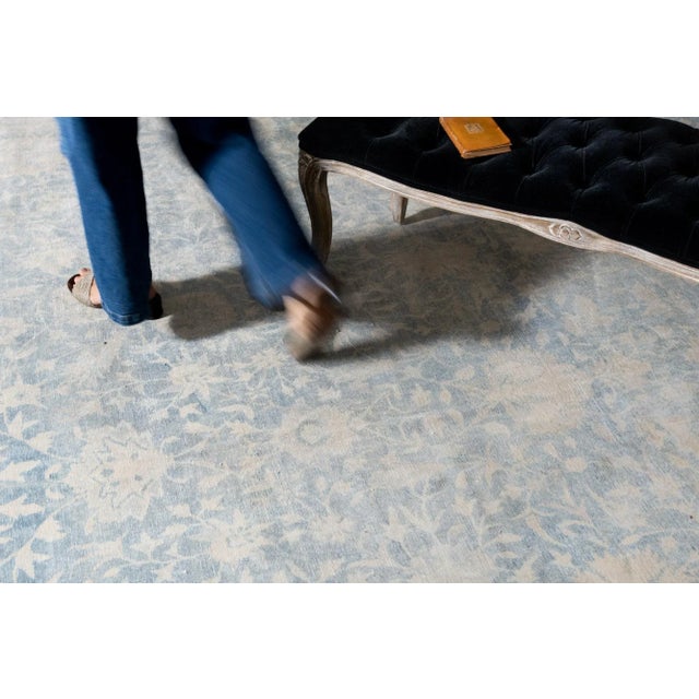 1930s Vintage Allover Floral Botanical Blue Beige Hand-Knotted Wool Rug - 12’9” X 15’8” For Sale In Los Angeles - Image 6 of 9