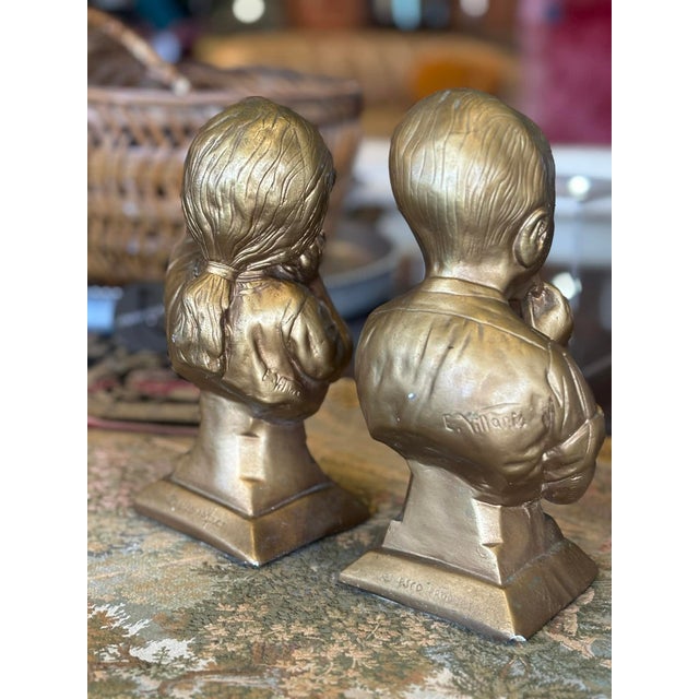 Vintage Esco Chalkware Boy and Girl Bookends or Busts, Gold For Sale - Image 9 of 9