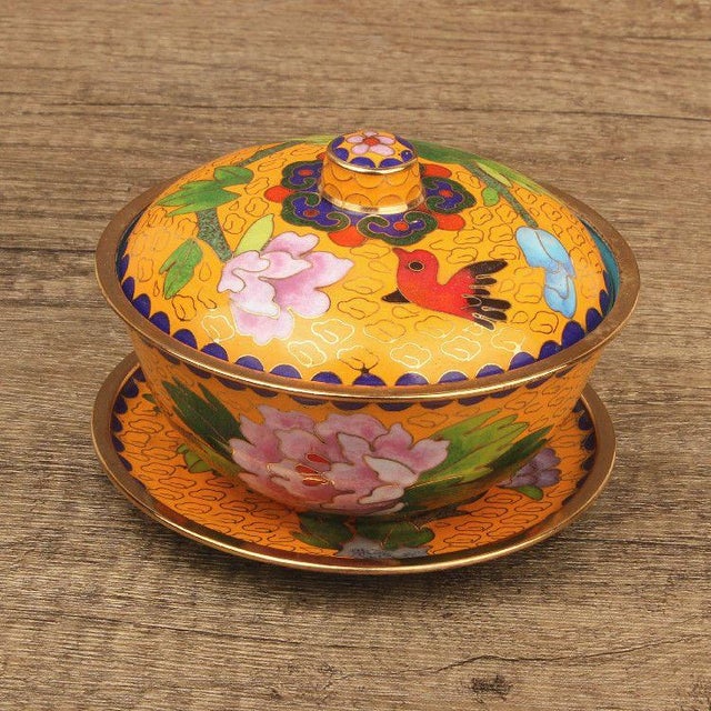 Vintage Cloisonné Enamel Lidded Bowls With Saucers – Floral & Bird Motif - Set of 4 For Sale - Image 13 of 18