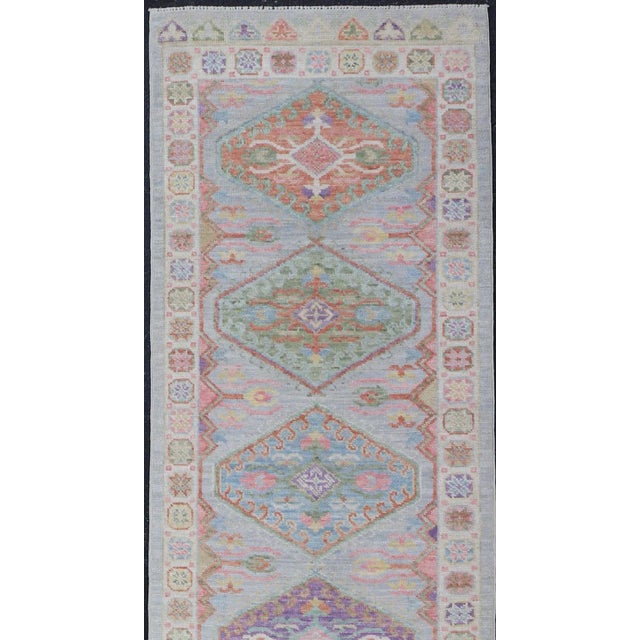 Textile Colorful Modern Oushak Runner With Diamond Medallions and Multi-Tier Border For Sale - Image 7 of 12