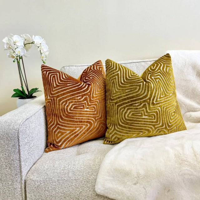 Contemporary Bronze Maze Velvet Throw Pillow With Feather Down Insert For Sale - Image 3 of 6
