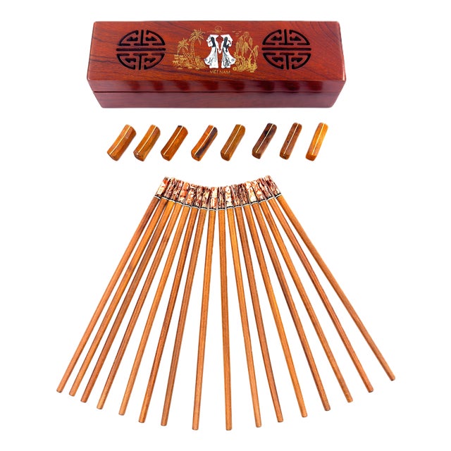 Asian Modern Vietnamese Wooden Chopsticks for 8 With Brown Mother of Pearl Marbled Tips Decorative Storage Box and Coordinating Rests - 25 pcs For Sale