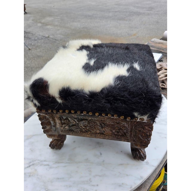 Oriental Carved Footstool With Cow Leather. For Sale - Image 9 of 11