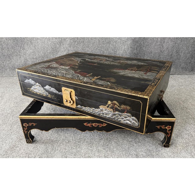 Black Chinoiserie Decorated Cocktail Table With Storage For Sale - Image 8 of 12