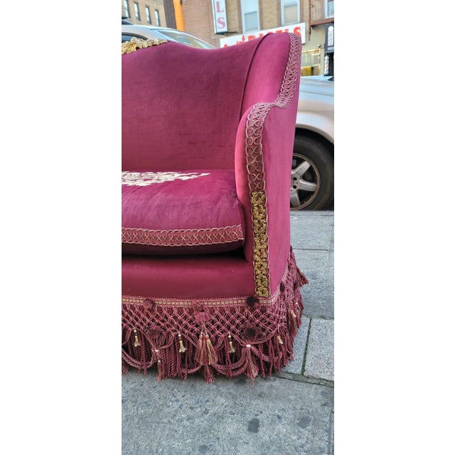 Elegant Burgundy Loveseat Embroidery Sofa For Sale - Image 4 of 6